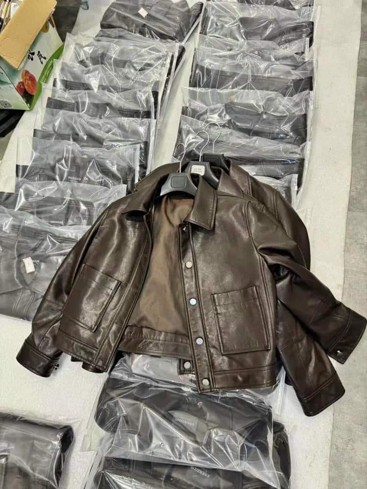 leather material with price tag for jacket manufacturing